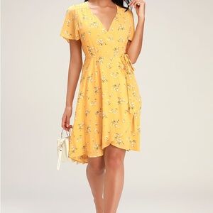 Lulus Rise to the Occasion Yellow Floral Print Midi Wrap Dress